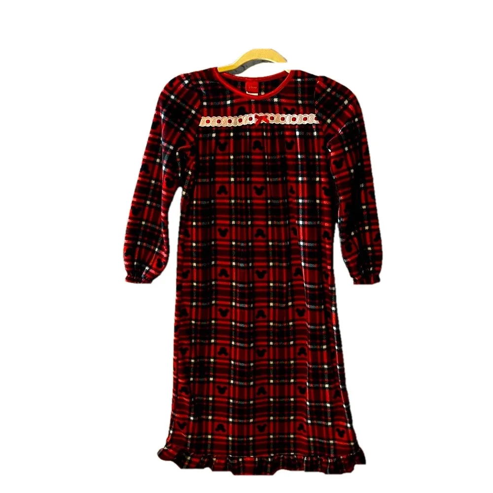 Girls Mickey Mouse Disney Red plaid Christmas flannel night gown lace ruffle 10 - Picture 1 of 9
